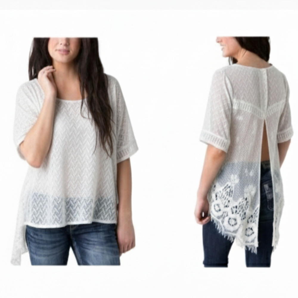 BKE Red Women Large White Lace Open Back High/Low Blouse Boho Festival Top